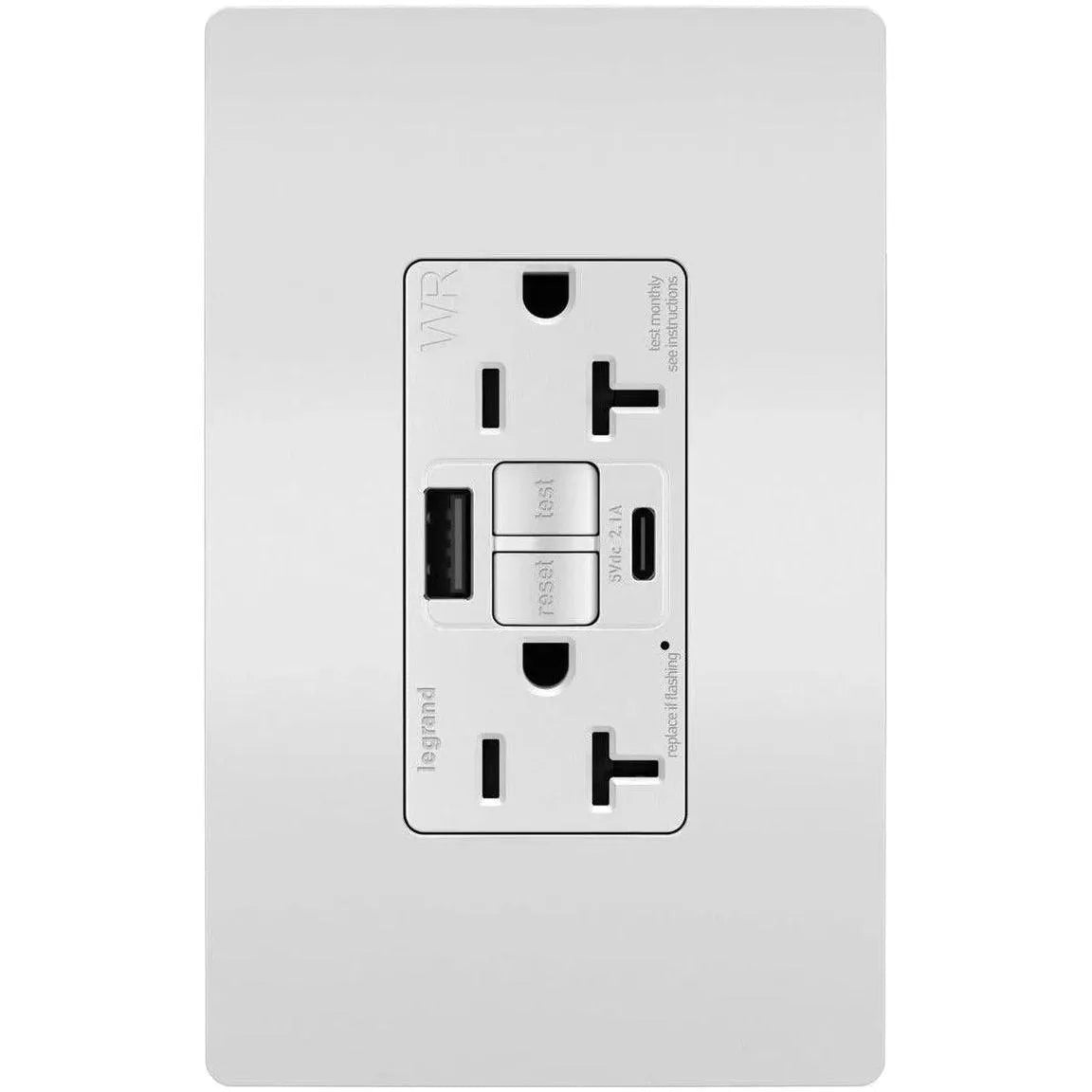 Legrand Radiant - radiant® 20A Tamper Resistant Outdoor Self Test GFCI USB Type A/C Outlet - 2097TRWRUSBACW | Montreal Lighting & Hardware