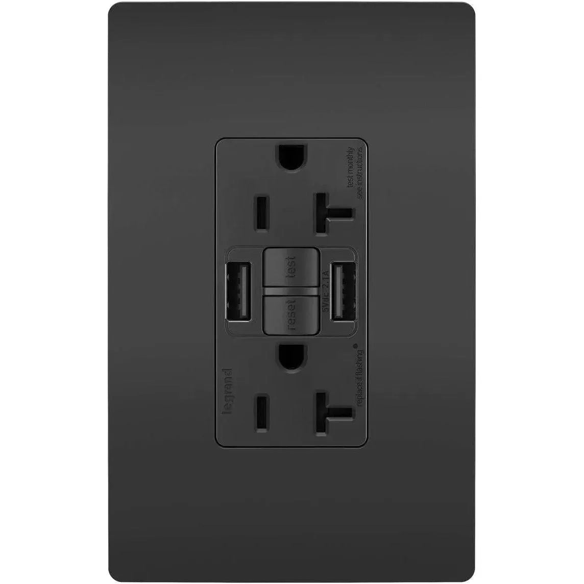 Legrand Radiant - radiant® 20A Tamper Resistant Self Test GFCI USB Type A/A Outlet - 2097TRUSBAABK | Montreal Lighting & Hardware
